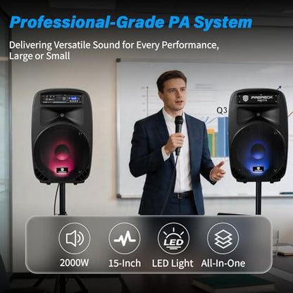 PRORECK Party 15 Portable 15-Inch 2000 Watt 2-Way Powered PA Speaker System Combo Set with Bluetooth/USB/SD Card/FM/Remote Control/LED Light for Indoor, Outdoor DJ Parties, Karaoke