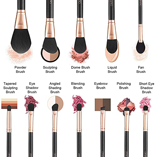 OMANIAC Makeup Brush Set Professional, 12 Pearlescent Wood Handle Makeup Brushes, Premium Cruelty-Free Synthetic Fiber Hair, Travel Make up Brushes Set with Case (Black). (Pack of 2) - color: Rose Gold and Black, size: 12pcs (Pack of 2)