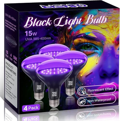 4 Pcs 15W LED Black Light Bulbs, BR30 E26 Black Shell Blacklight LED Bulb, 385-400nm, Glow in The Dark for Blacklight Party, Body Paint, Fluorescent Poster, Halloween Decoration,Non-Waterproof