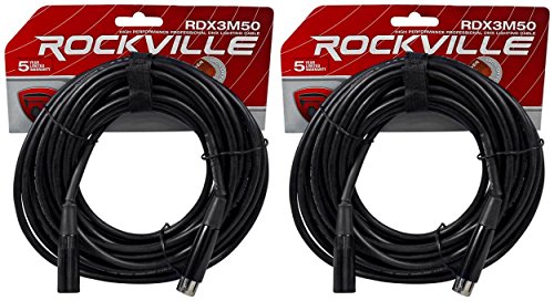 Rockville RDX3M50 50' 3-Pin DMX Lighting Cable, Female to Male, 2-Pack | Copper Conductors, Nickel Plated, 120 Ohm, XLR Connectors, Strain Relief, Hi-Density Braided Shield, EMI/RFI Rejection