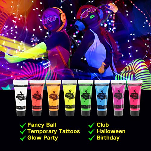 MEICOLY Glow Blacklight Face Paint,Neon UV Body Paint Set of 8 Tubes Blacklight Reactive Paints,Glow in the Dark Body Paint Neon Party Supplies,Neon Fluorescent Face Paint Blacklight Glow Makeup - color: 8 colors glow uv blacklight face body paint