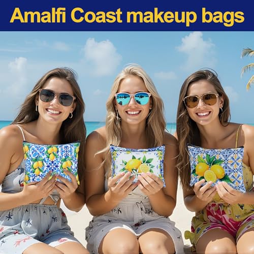 Reginary 12 Pcs Italian Gifts Lemon Makeup Bags Amalfi Coast Cosmetics Bags | Italy Travel Souvenir, Lemon Travel Pouches for Women Girls, Bachelorette Friend Birthday Gifts - style: Amalfi Coast Lemon