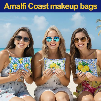 Reginary 12 Pcs Italian Gifts Lemon Makeup Bags Amalfi Coast Cosmetics Bags | Italy Travel Souvenir, Lemon Travel Pouches for Women Girls, Bachelorette Friend Birthday Gifts - style: Amalfi Coast Lemon