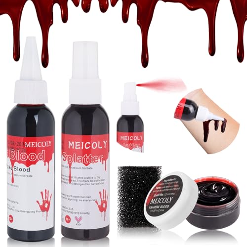 MEICOLY 4PCS Halloween Fake Blood Makeup Kit,Special Effects SFX Makeup Set for Zombie Vampire Monster Cosplay,2.1oz Fake Blood Spray+2.1oz Dripping Blood+1.06oz Coagulated Blood+Stipple Sponge - color: fake blood kit