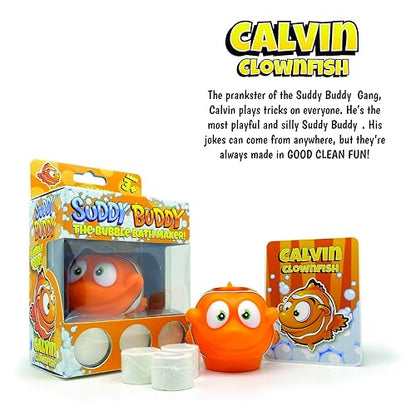 Suddy Buddy® Bubble Maker for Bathtub | Fun Kid Bubble Bath Toys | Safe Bath Bubbler for Boys & Girls Ages 3+ | Includes 1 Foam Dispenser, 1 Trading Card & 3 Super-Bubble Drops | Calvin Clownfish - style: Clownfish