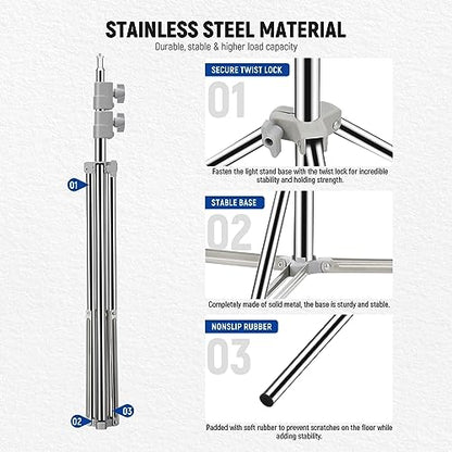 NEEWER Upgraded 75"/190cm Light Stand Stainless Steel Spring Loaded, Foldable Photography Tripod Stand with Stronger Tube Joints for Strobe Softbox LED Ring Light, Max Load 13.5lb/6.5kg, ST-190SS | Foldable, Photography Tripod Stand, Stronger Tube Joints,
