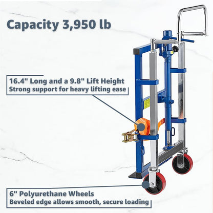 Heavy-Duty Commercial Hand Truck 3,950 lb Hydraulic Furniture & Equipment Mover - 2-Piece Blue Steel Dolly Set with Straps, Lift Plate, 6" Swivel Polyurethane Wheels, for Warehouse, Vending Machines
