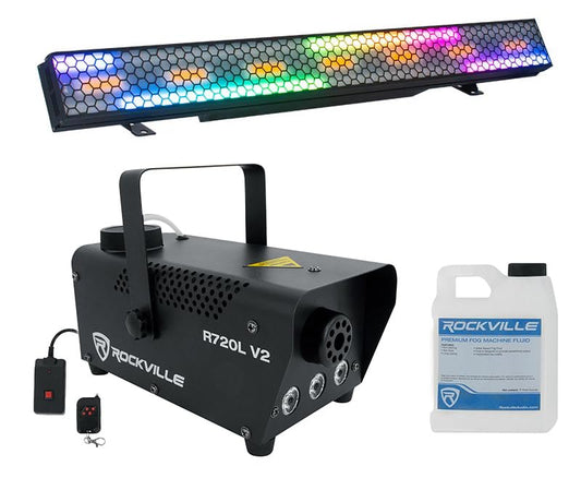 Eliminator Lighting Elektron Bar FX Bundle: RGB SMD LED DMX Strobe Blinder Effect Light, R720L Fog Machine 440-Watt with Wireless Timer Remote and Multi-Color LEDs, 2-Items