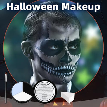 White Black Blue Halloween Face Body Paint with 3PCS Sponge and 1PC Brush, for Baseball, Sports(Eye Black) & Halloween, Face Painting Kit for Skeleton Skull Makeup, Cosplay, SFX Costumes - color: White+Black+Blue
