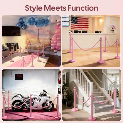 6 Pack Pink Stanchions and Velvet Ropes Set, Stainless Steel Crowd Control Barriers, 3Pcs Pink Ropes and Poles for Party Supplies,Prom,Birthday,Business,Wedding,Baby Shower, Bridal Shower,Anniversary - color: Pink, size: 6pcs