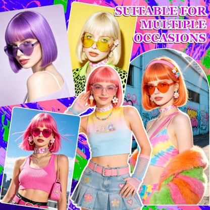 Short Bob Straight Hair Wigs with Bangs, Synthetic Fiber Colorful Hair, Heart-shaped Sunglasses for Women (Pink-Purple) - color: Pink-Purple