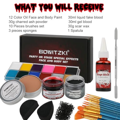 Bowitzki Halloween Makeup Special Effects Oil Face Body Paint Fake Blood Scar Wax Charred Ash Powder with Sponges Brush Halloween Party SFX Cosplay