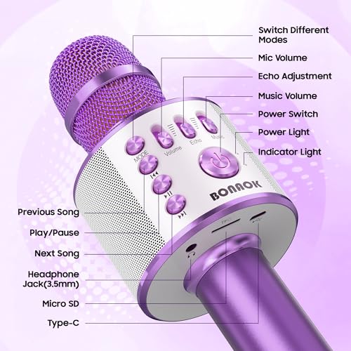 BONAOK Wireless Bluetooth Karaoke Microphone, 3-in-1 Portable Handheld Mic Speaker Machine for All Smartphones, for Girls Boys Kids Adults All Age Q37(Light Purple) | Bluetooth 5.0, Echo Mode,Built-in Speaker, SD Card, for iPhone iPad, Handheld,Home Karao