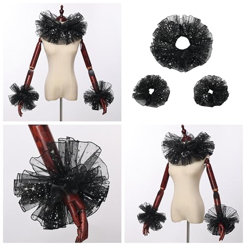 Renaissance Victorian Ruffle Collar and Wrist Cuffs Set Organza Colonial Clown Choker Neck Collar Cuff - color: Black