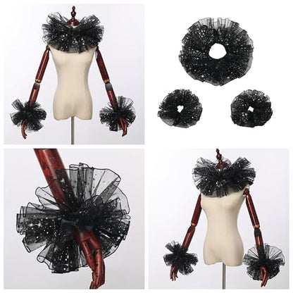 Renaissance Victorian Ruffle Collar and Wrist Cuffs Set Organza Colonial Clown Choker Neck Collar Cuff - color: Black