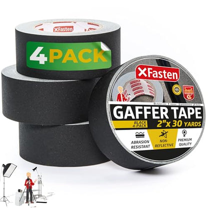 XFasten Black Gaffers Tape - 2 Inch x 30 Yards (4-Pack, 360ft) Residue-Free Matte Black Gaffer Tape for Electrical Cords - size: 2 Inches x 30 Yards (4-Pack 360-Feet)