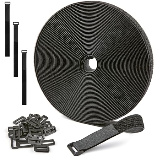 1" x 18Yard Reusable Cable Straps with 50 Plastic Buckles - Adjustable Cut-to-Length Nylon Hook and Loop roll for Organizing and Storage - color: Buckles(50pcs)&Ties 1 Inch-18yd