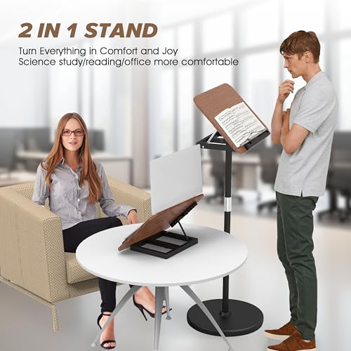 2 in 1 Adjustable Music Stand for Sheet Music, Dual Use Desktop and Floor, Book Stand with Tray & Elastic Page Clips for Music Sheet, Recipe, Tablet, Laptop Height Adjustable 23.5-52 in (Walnut)