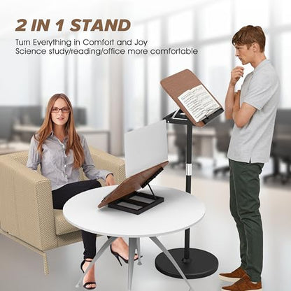 2 in 1 Adjustable Music Stand for Sheet Music, Dual Use Desktop and Floor, Book Stand with Tray & Elastic Page Clips for Music Sheet, Recipe, Tablet, Laptop Height Adjustable 23.5-52 in (Walnut)