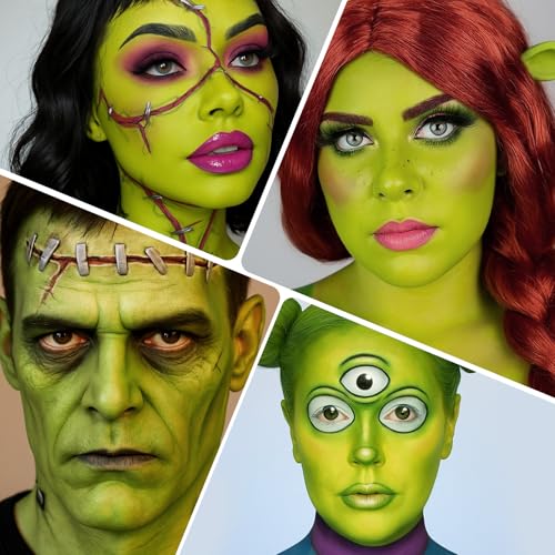 BOBISUKA Light Green & White Face Body Paint Stick Kit with Black Eyeshadow, Black Liquid Eyeliner, Setting Powder & 2 Sponges – Halloween Cosplay Makeup Set for Witch, Beetle Juice, Monster, Goblin - color: Light Green & White Painting Stick Set