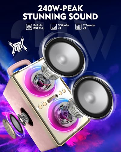 YIER Bluetooth Speaker, 240W Peak Loud Party Speaker with Big Bass, 20H Playtime, TWS, BT5.3, Large Portable Wireless Boom Box with LED Light for Outdoor Backyard Beach Home (Leather Pink) - color: Leather Pink