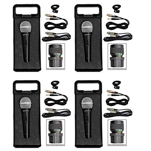 Rockville RMC-XLR Dynamic Metal Microphone with 2 Cables, 4-Pack | Neodymium, Unidirectional, XLR and 1/4 Connectors, 10 Ft OFC Copper, M-56 Cartridge, Mic Clip, Carry Case, DJ Handheld Wired