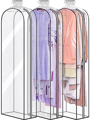 MISSLO 10" Gusseted All Clear Garment Bags for Hanging Clothes 60" Dress Bags for Gowns Long Fur Coat Closet Storage Covers, 3 Packs - color: Clear, size: 60 inch