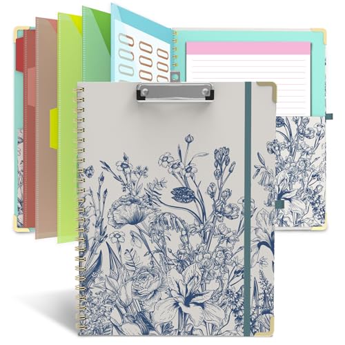 Clipboard Folio with Storage 8.5 X 11 Padfolio Notebook, Clipboards with Notepad Spiral with 10 Pockets and 5 Folders Nursing Teacher School Essentials (Blue Florals) - color: Blue Florals