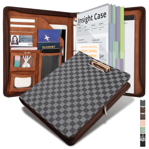 Clipboard with Storage for Men Women, Leather Padfolio Portfolio with Zipper, 1 Inch 3 Ring Binder 5 Dividers, Notepad for Letter Size, Elastic Closure and Pen Loop, Card Slot，Black Grid - color: Black Grid