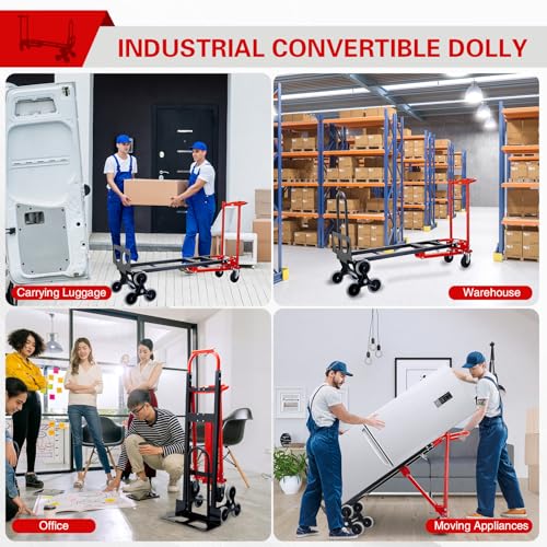 3 in 1 Stair Climbing Dolly Cart with Wheels 1000LBS(Red) | Convertible Hand Truck,Stair Dolly Climber Heavy Duty with Solid Wheels for Moving,Transport in Warehouses,Factory - color: Red