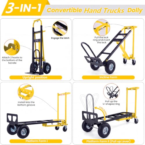 1000 LBS Heavy Duty Steel Hand Truck, 4-in-1 Convertible Dolly Cart - color: Yellow