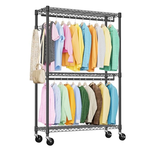 IZEUK Heavy Duty Rolling Garment Rack Wire Clothes Rack for Hanging Clothes (Black, 3 Tier with 2 Rod, 15.7" D x 45.3" W x 79.6" H) - color: Black, size: 3 Tier with 2 Rods, 15.7"D x 45.3"W x 79.6"H