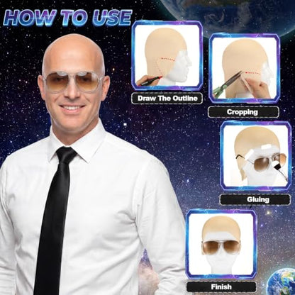 Mepase 6 Pcs Halloween Bald Cap with Glasses Bald Head Wig Cap Party Costume Accessories for Adults Women Men Cosplay - color: Smooth, style: Retro