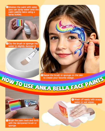 Anka Bella Face Painting Kit for Kids & Adults, Split Cake Water Activated Face Paint Palette with 14 Brushes,Non Toxic Hypoallergenic Washable Face Paint for Drawing Tiger,Lion,Dinosaur,Spider - color: ZooDazzle Palette
