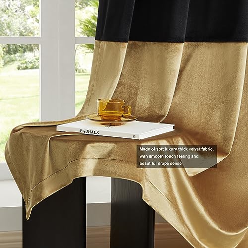 BULBUL Black Gold Color Block Window Curtains Panels 96 inches Long Velvet Farmhouse Drapes for Bedroom Living Room Darkening Treatment with Grommet Set of Black Gold | Living Room Bedroom Window Drapes,Modern Farmhouse,Room Darkening,Thermal Insulated,Gr