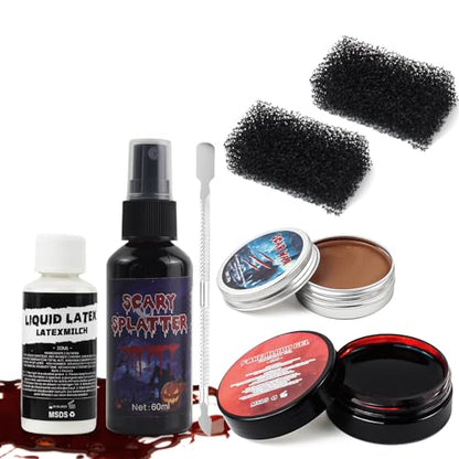 Halloween Fake Blood SFX Makeup Kit – 7PCS Special Effects Set with Fake Blood Spray, Liquid Latex+Scar Wax+Fake Blood Gel+Spatula Tool & 2 Stipple Sponges – Vampire Zombie Makeup Kit for Face & Body - color: # 7PCS SFX Makeup Kit