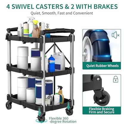 YITAHOME 3-Tier Folding Utility Cart with Wheels (2 Brakes), 240lbs - size: 240 LBS with 23.03" L x 15.35" W x 32.6"H