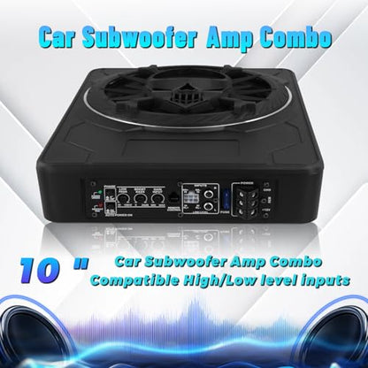 10 Inch Slim Under Seat Powered Car Subwoofer, 1200W Peak Active Subwoofer with Color LED Ambient Light, Built-in Amplifier and Remote, Car/Truck Audio Bass System - color: 10" 1200W Colorful Skull
