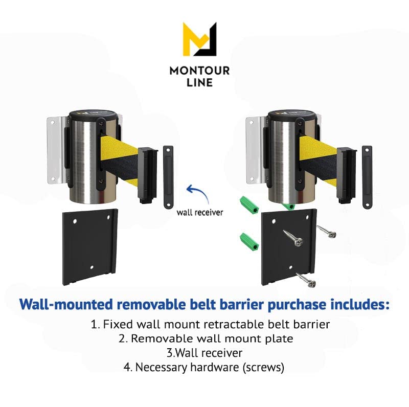 Montour Line WM115 Wall Mounted Retractable Belt Barrier with Standard Belt End, Removable Mount, Polished Stainless Steel Casing (8.5 ft Black with"Please Wait HERE" White Letters Belt) - color: Black With "Please Wait Here" White Letters, size: 8.5 ft