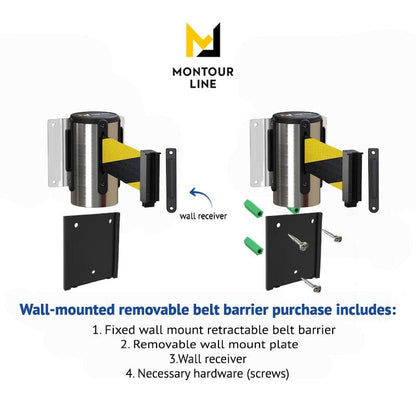 Montour Line WM115 Wall Mounted Retractable Belt Barrier with Standard Belt End, Removable Mount, Polished Stainless Steel Casing (8.5 ft Black and Red Diagonal Belt) - color: Black and Red Diagonal, size: 8.5 ft