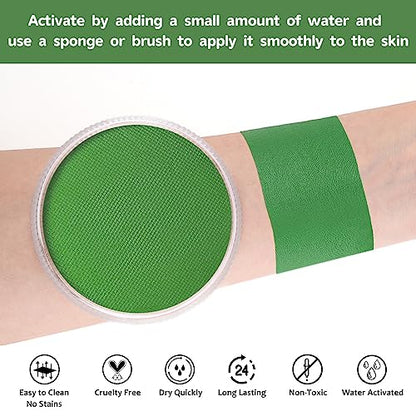 Light Green Face Body Paint(30gm), Water Activated Face Painting kit for Kids & Adults Party, SFX Makeup Facepaints for Halloween, St Patrick's Day, Witch, Alien, Goblin, Grinch, Frankenstein Cosplay - color: Light Green