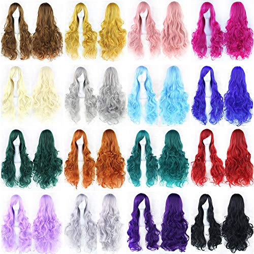 IMISSU 80cm Long Curly Natural Hair Cosplay Wig with Bangs Colorful Halloween Costume Party Wigs for Women (Bright Green) - color: Bright Green