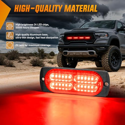 Nilight 4PCS 24LED Red Strobe Light 12V/24V Grille Surface Mount | Hazard Safety Warning Light with Sync Feature for Car Truck Camper Side Marker Aluminum Alloy Base Emergency Lights - color: Red