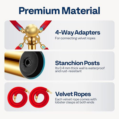VIVOHOME Gold Stanchions and Velvet Ropes, 5 Feet Ropes and 39 Inch Posts | 6PCS Stainless Steel Post with Water-Fillable Leakproof Base, Red Carpet Poles for Wedding, Prom & VIP Events - color: Golden