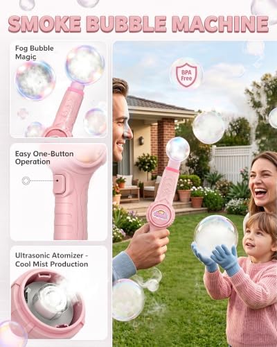 Fog Bubble Machine, Smoke Bubble Wand Machine Rechargeable with Lights & Sound Fog Game for Parties, Beaches, Summe (Pink)