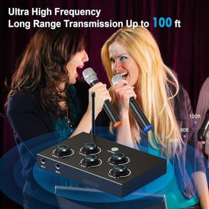 Wireless Karaoke Microphone System, Microphone Mixer Dual Handheld Wireless Microphones, HDMI & AUX in/Out, Optical Out, 100ft Range, Karaoke Mic for TV, Speakers, Singing, Church & Wedding-Black