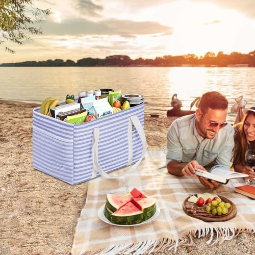 LHZK Standing Utility Tote Bag with Metal Wire Frame and the Sides Rinforced, Large Tote Bag with Handle, Reusable Grocery Bags Foldable, Beach Bag, Car Tote (Blue, 18.5''x11.8''x11.5'') - color: Blue, size: 18.5''x11.8''x11.5''-1 Pack