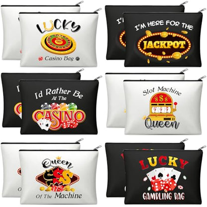 Reginary 12 Pieces Casino Makeup Bags Lucky Gambler Gift Dice Poker Chips Cosmetic Bags Zipper Pouch Slot Machine Casino Lover Gift for Women Christmas Birthday Poker Night - style: Casino