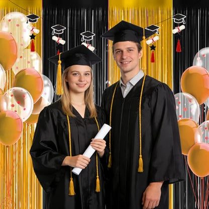 Ishua 2pcs Foil Fringe Curtains Black and Gold, 3.3x6.6ft Tinsel Streamer Backdrops Foil Fringe Curtains for Birthday, Graduation Party (Gold and Black) - color: Gold and Black