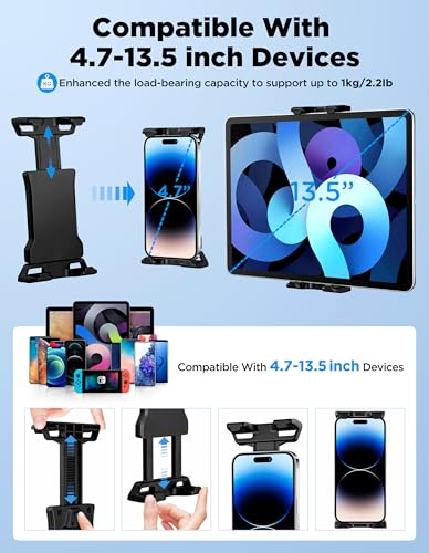 LZSIG Tablet Holder for Mic Stand, Adjustable iPad iPhone Mount for Music Stand - Compatible with Kindle/Android/Smartphones, Fits 4.7 to 13.5-inch Devices | Adjustable 360° Swivel Phone Stand for Tripod, Clamp Attachment Mount Fits 4.7-13.5" Screens, for